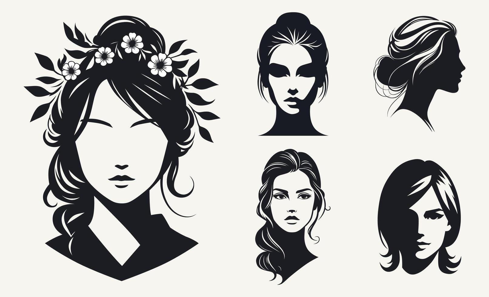 Set of vector illustrations of beautiful women with different hairstyles in black and white.