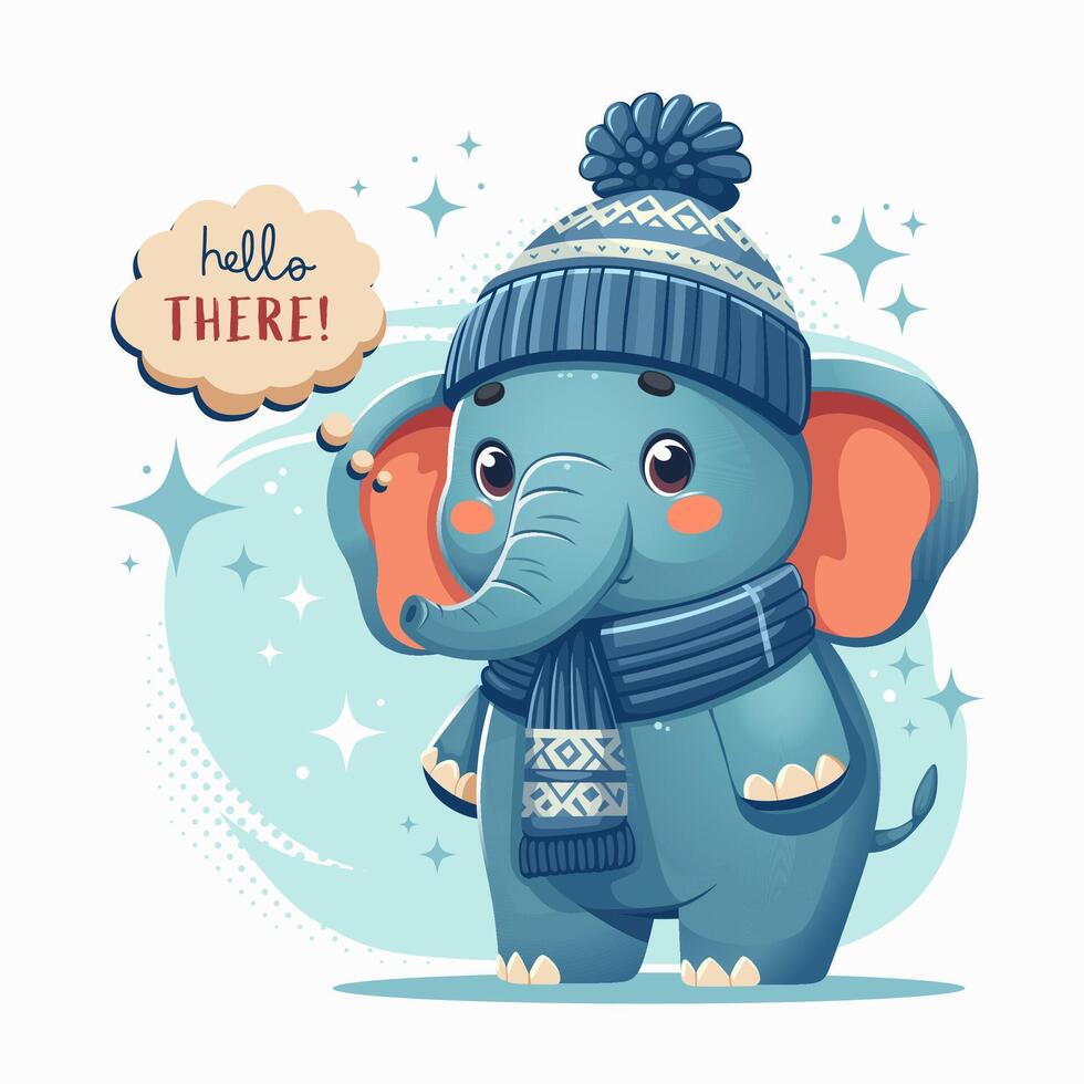 Cute cartoon elephant in winter clothes. Vector illustration. Cute animal.