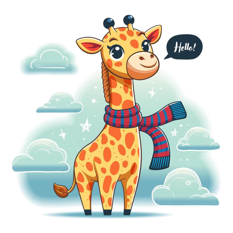 Cute cartoon giraffe with scarf and clouds. Vector illustration.