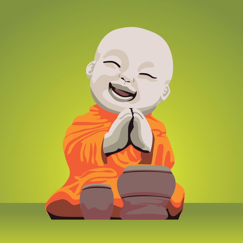 little buddha with drum. Buddhist monk cartoon character statue. vector