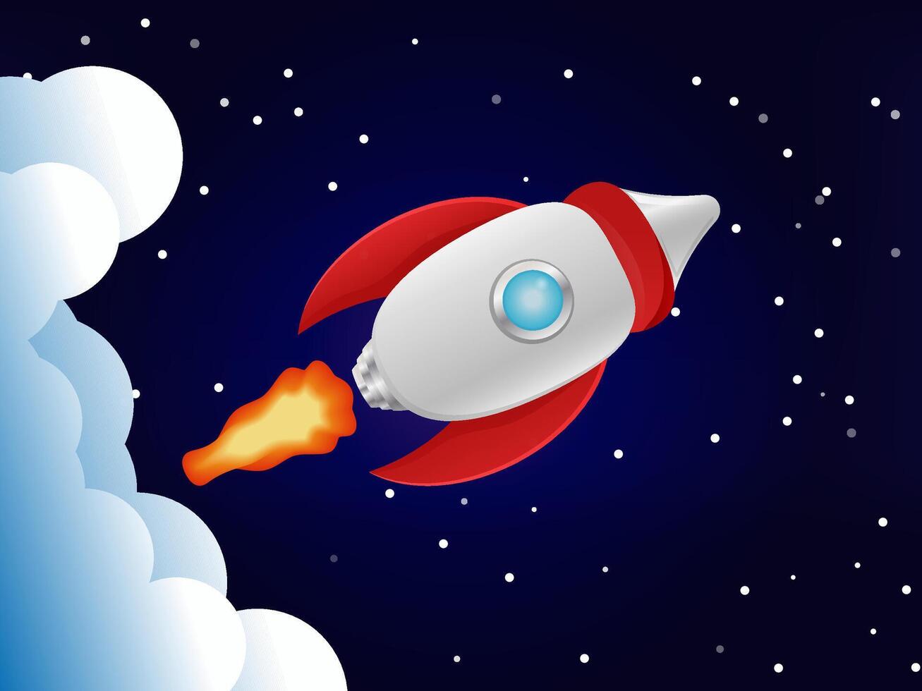 Rocket flyingfrom clouds in the night starry sky background. vector