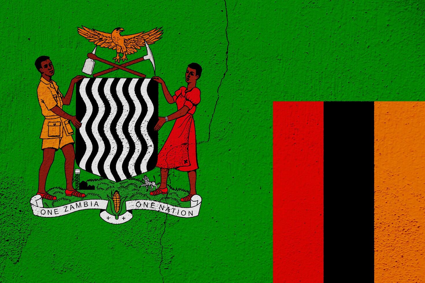 bandera y Saco de brazos de república de Zambia en un texturizado antecedentes. concepto collage. foto