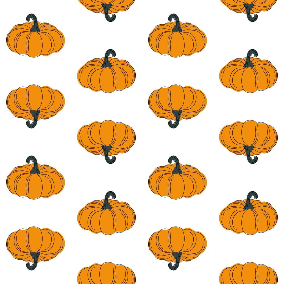 Hand drawn pumpkin seamless pattern. Modern linear style with colorful spots. Minimalist fall holiday background vector illustration. Ideal for fabric, textile, prints, wrapping paper.