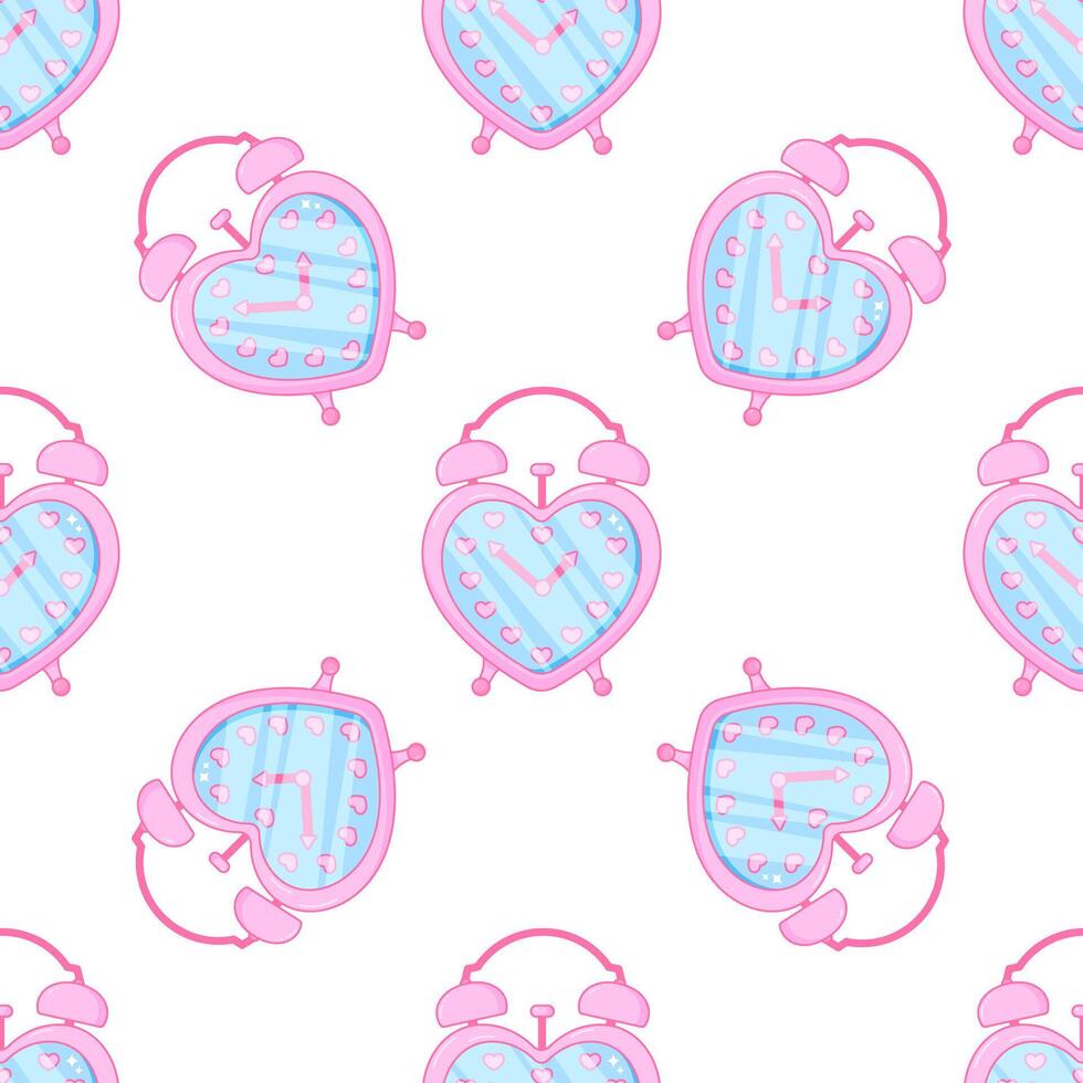 Cute girlish alarm clock. Pink glamour. Seamless pattern. Heart shape. vector
