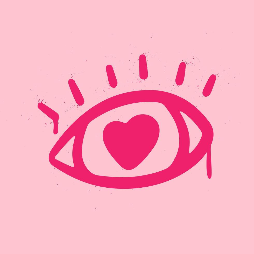 Pink graffiti clip art. Urban street style. Valentine day elements. Eye with heart. Y2k love sign. Splash effects and drops. Grunge and spray texture. vector