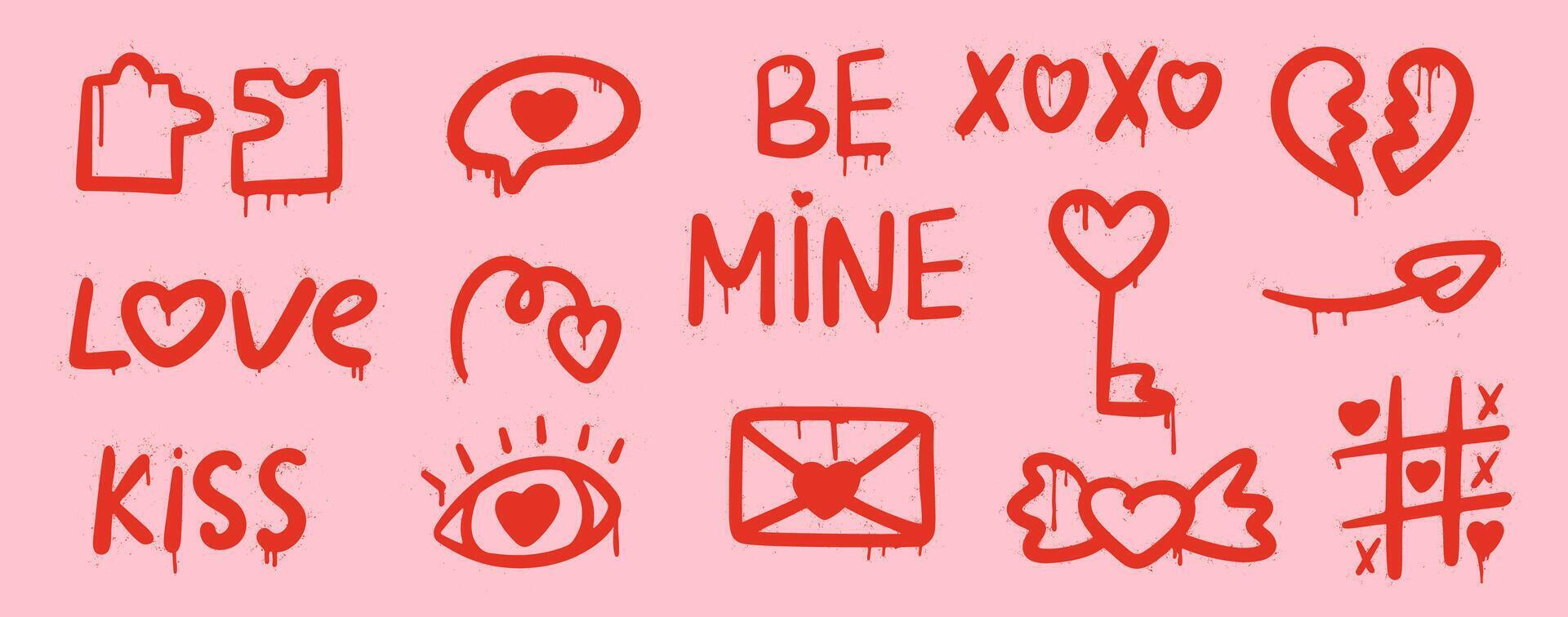 Set graffiti clip art. Urban street style. Valentine day elements. Y2k love set. Collection of heart, puzzle, eye, arrow, key, letter, tic tac toe. Splash effects and drops. Grunge and spray texture. vector