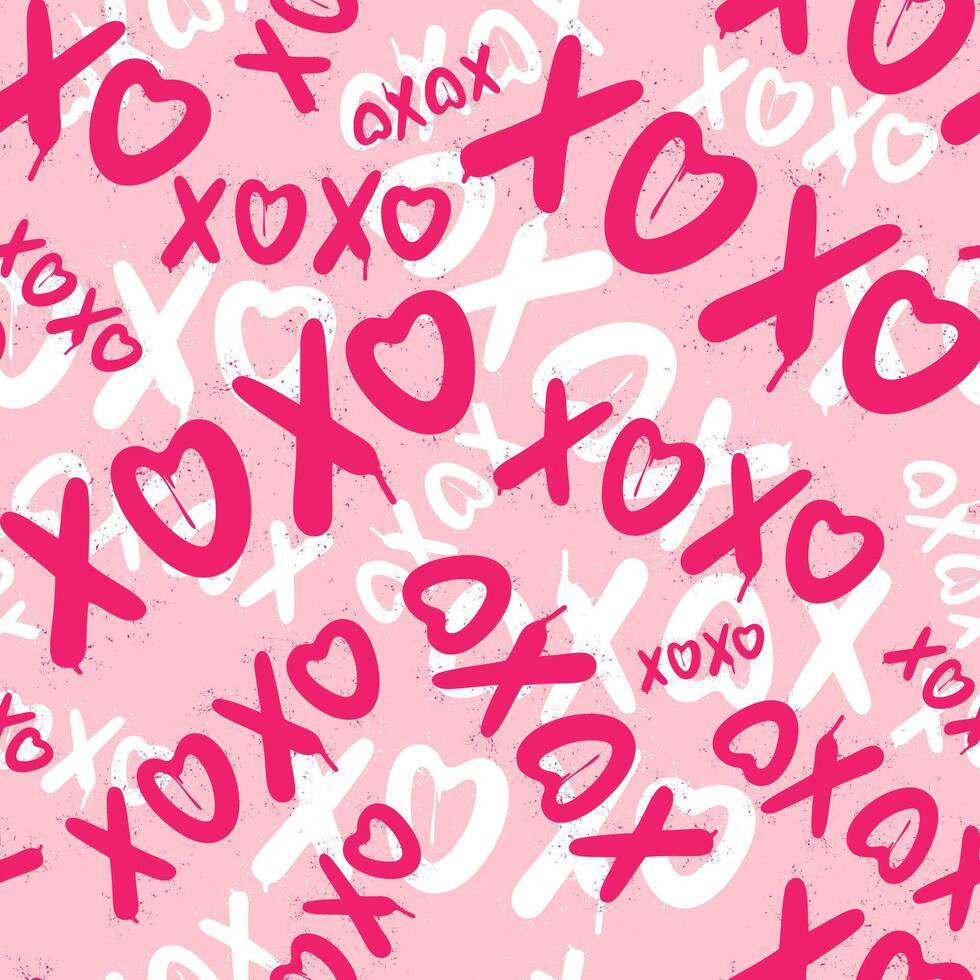 Pink graffiti clip art. Urban street style. Xoxo seamless pattern. Valentine day elements. Chaotic print. Y2k love sign. Splash effects and drops. Grunge and spray texture. vector