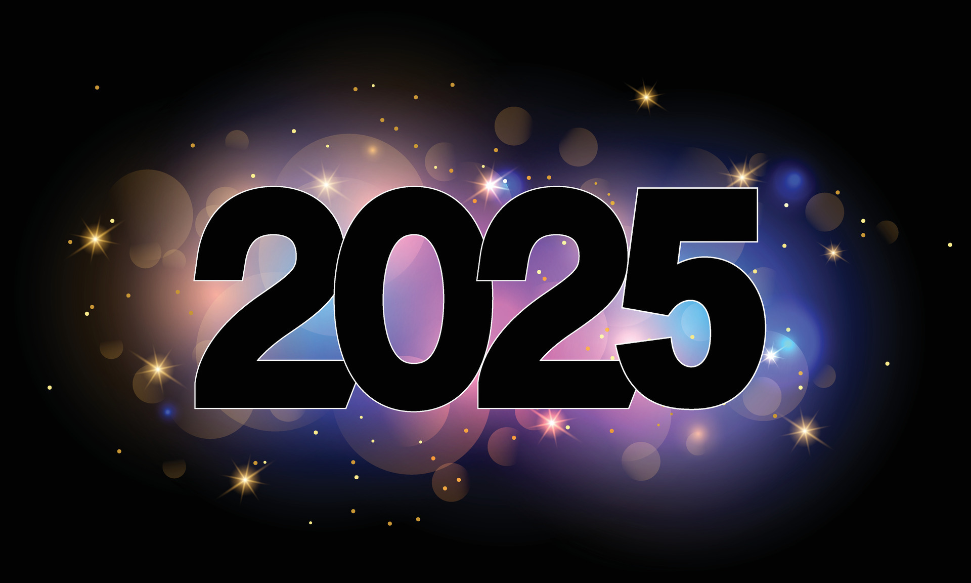Happy New 2025 Year poster template with bokeh an light effects