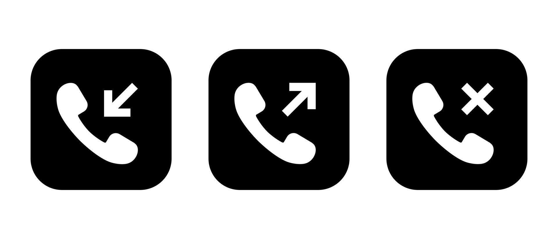 Incoming, outgoing, and missed call icon on black square vector