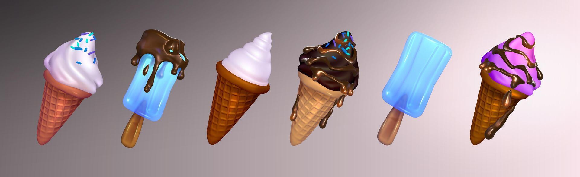 3d colorful set of ice cream in waffle cones and on sticks with chocolate and vanilla. 3d illustration. Vector eps 10