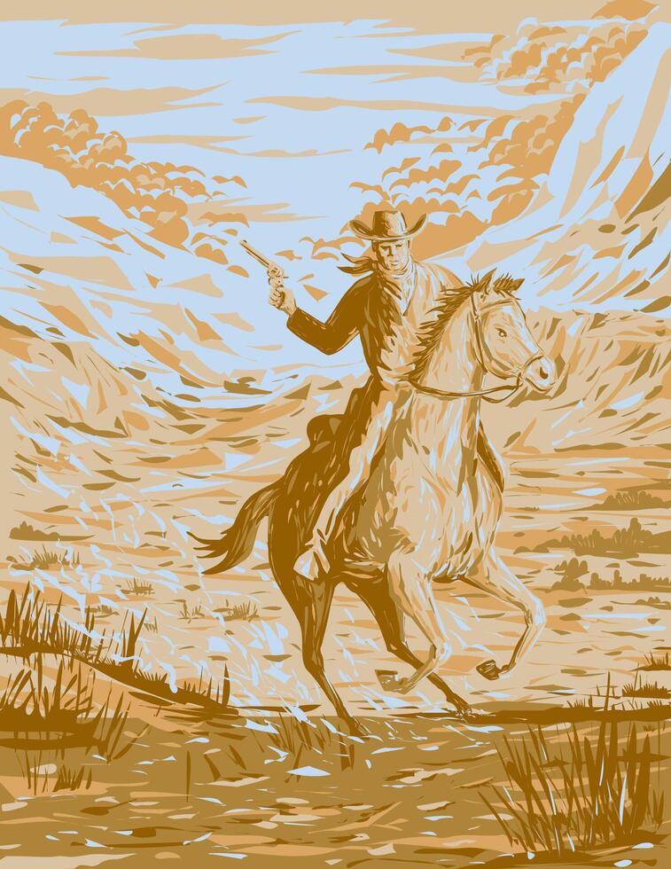 Cowboy Riding Horse in Plains of Wild West WPA Poster Art vector