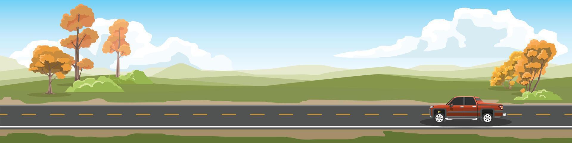 Travels of pickup car with driving for banner. Asphalt road near the meadow with spring tree. Under clear sky and white clouds. Copy Space Flat Vector. vector