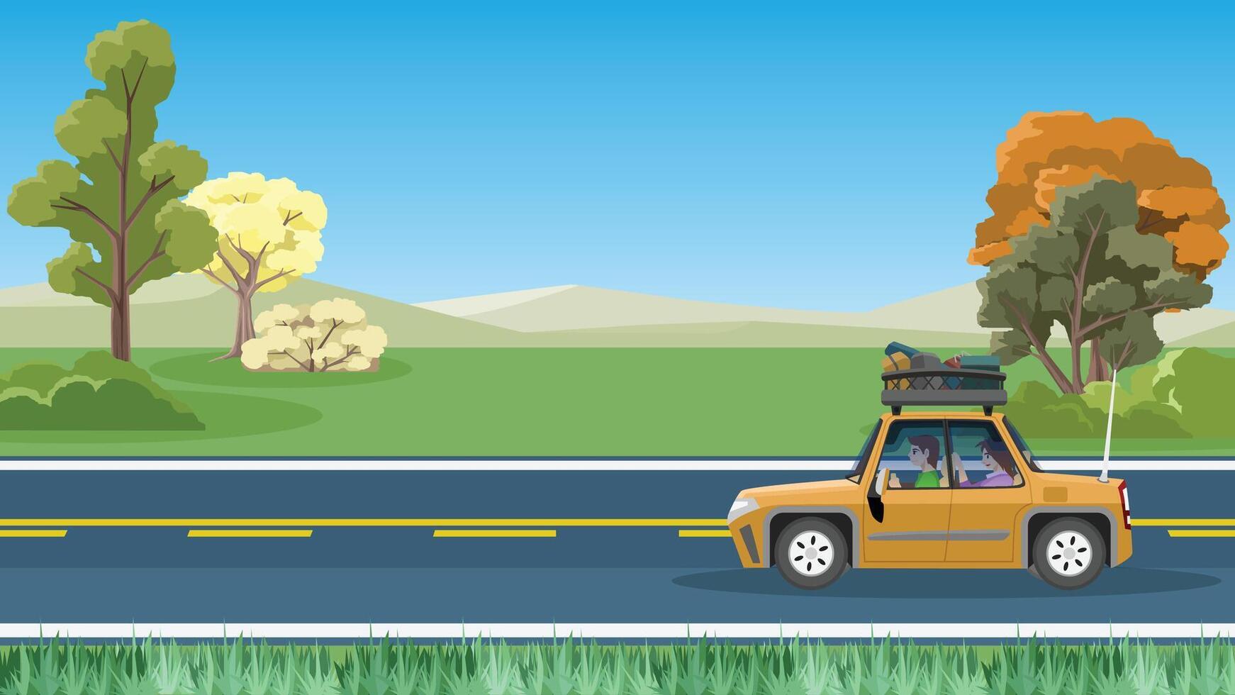 Horizontal of asphalt road with meadow and trees. Orange passenger car with a man driving and a woman sitting in the back. On the roof there is a rack that holds a lot of luggage for traveling. vector