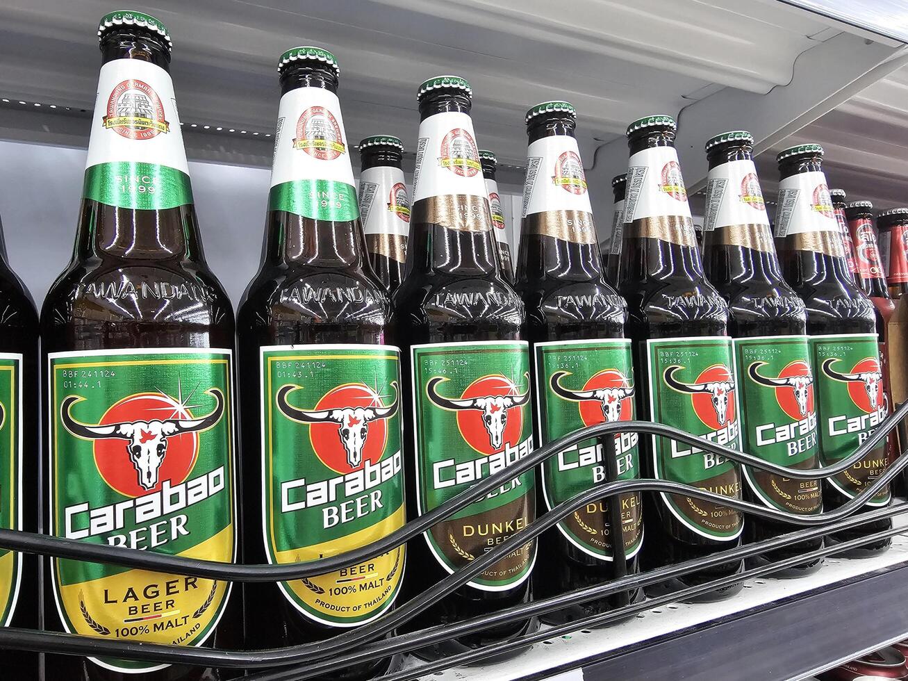 BANGKOK, THAILAND NOVEMBER 23, 2023 Carabao Beer on Shelf. It is launched by The Carabao Group that is a major player in the beverage industry in Thailand. photo