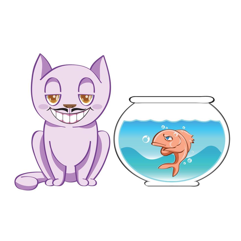 Cat and fish cartoon illustration. vector