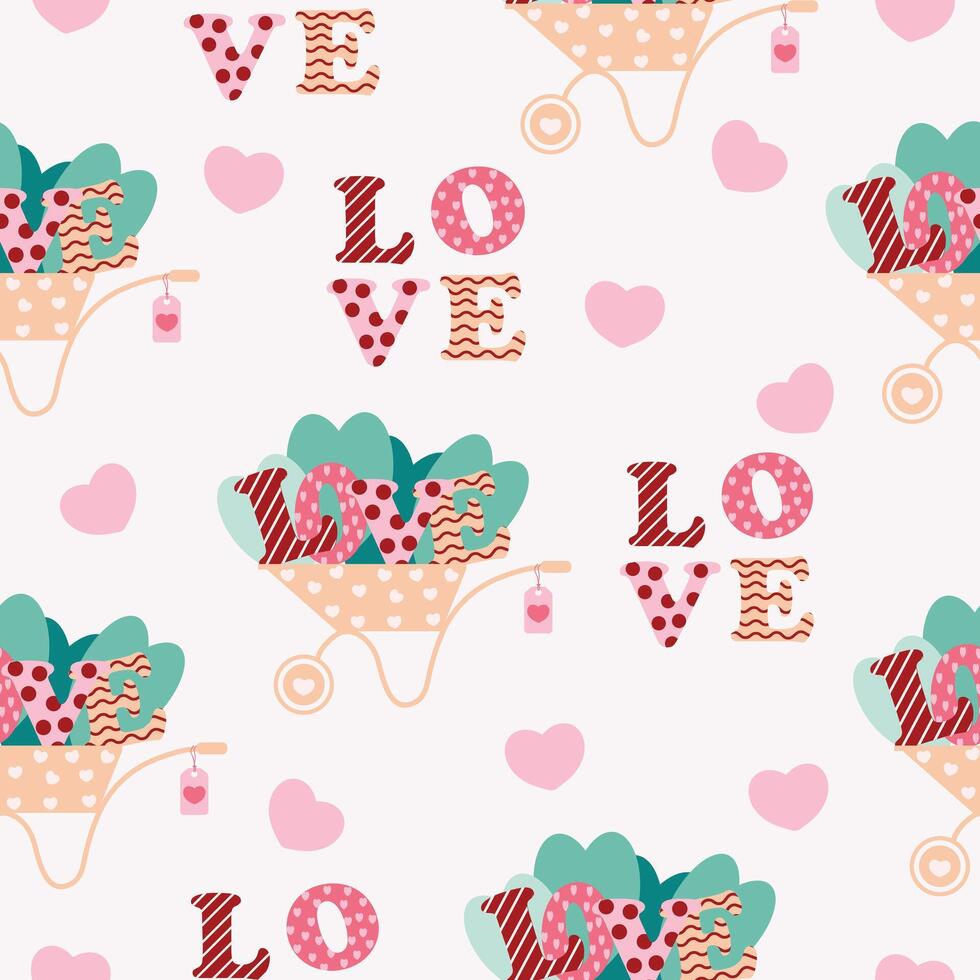 cute pink valentine love heart in wheelbarrow seamless pattern vector illustration
