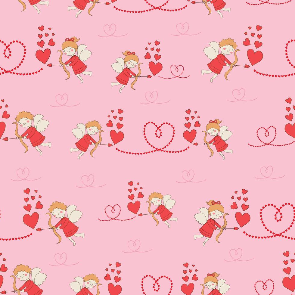 cute cartoon valentine woodland animals cupid angle love heart pink red seamless pattern textile background vector illustration