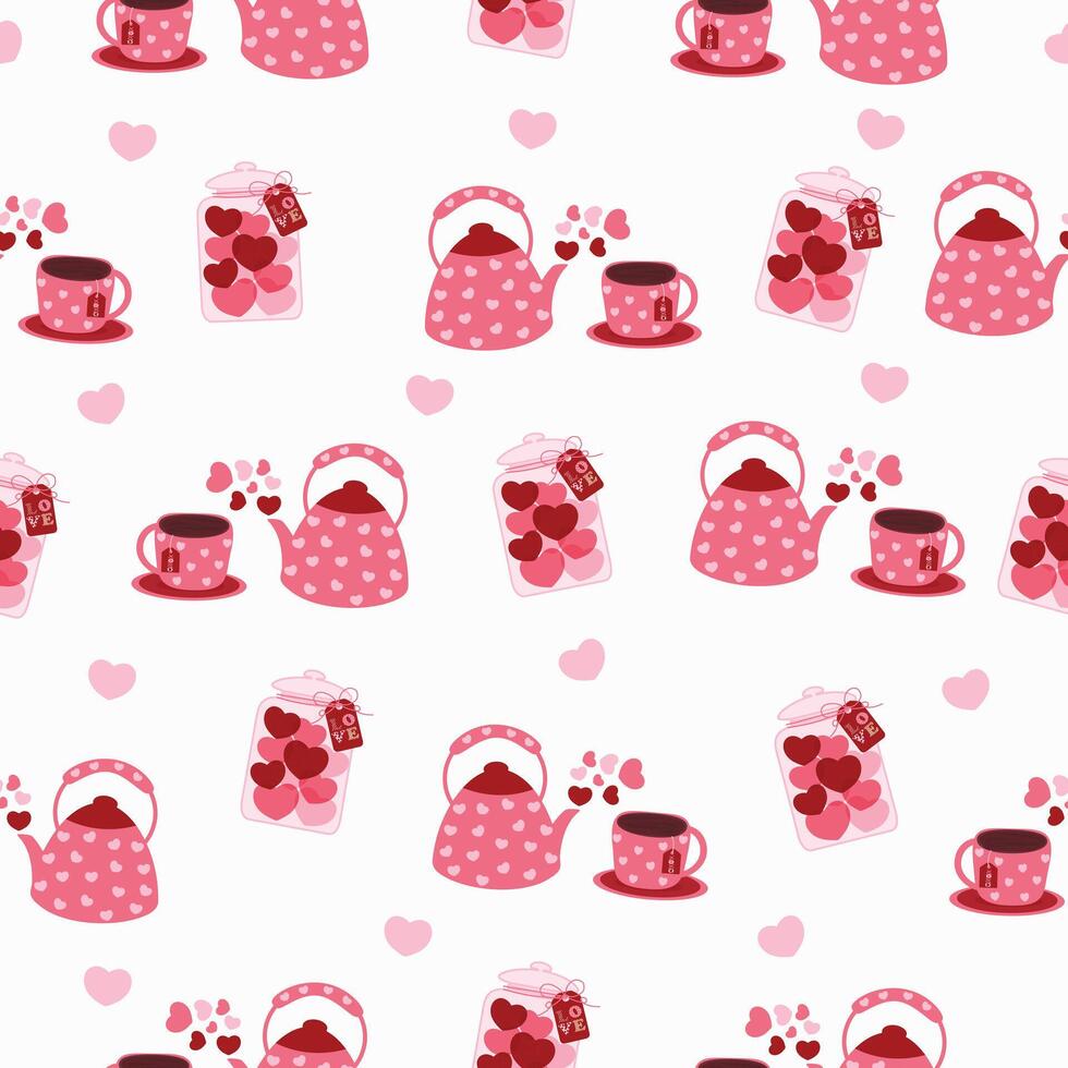 pink valentine love heart tea set seamless pattern vector illustration