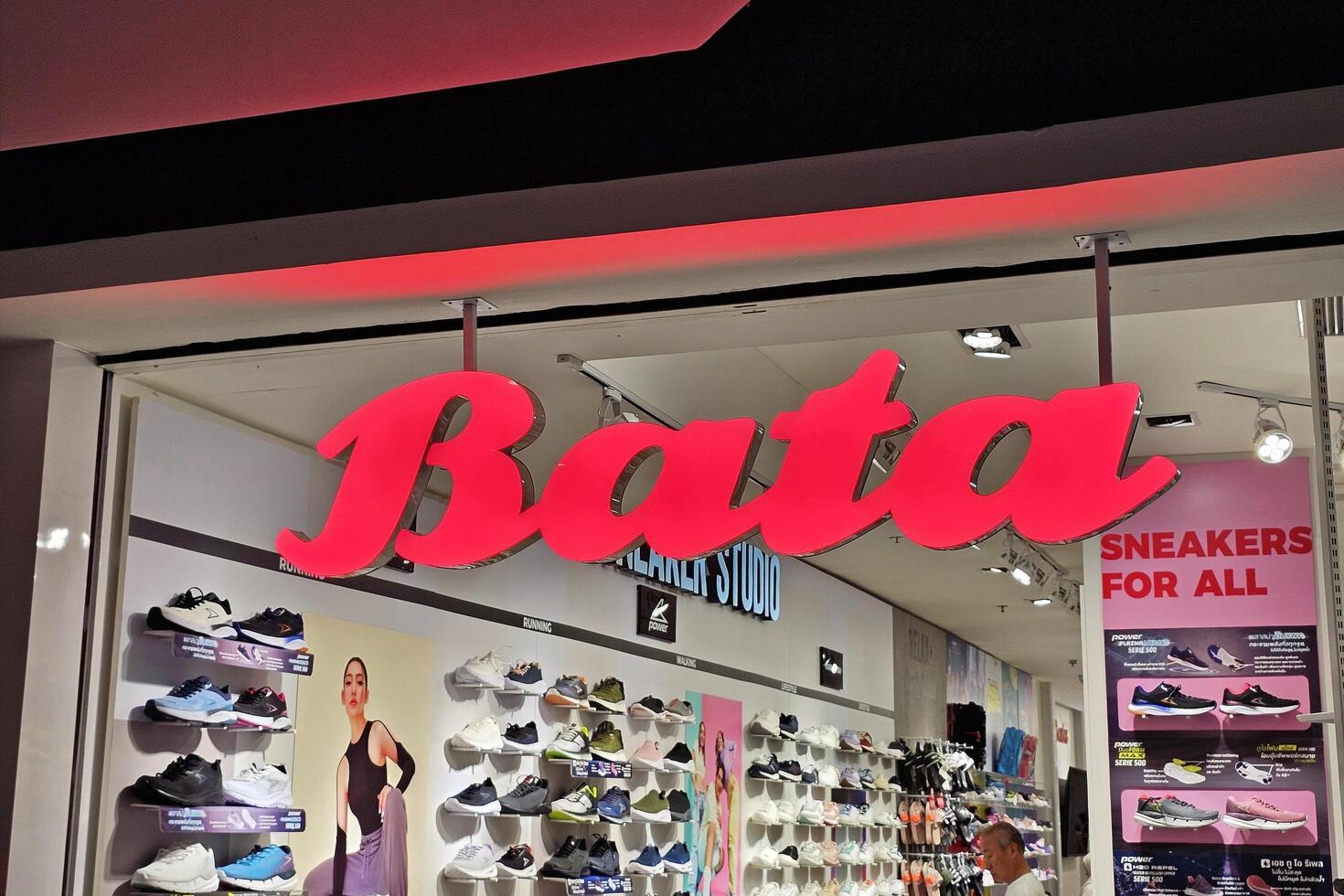 BANGKOK, THAILAND AUGUST 23, 2023 Bata Sign. Bata is a famous footwear manufacturer and retailer in Thailand. It was founded in September 21, 1894. photo