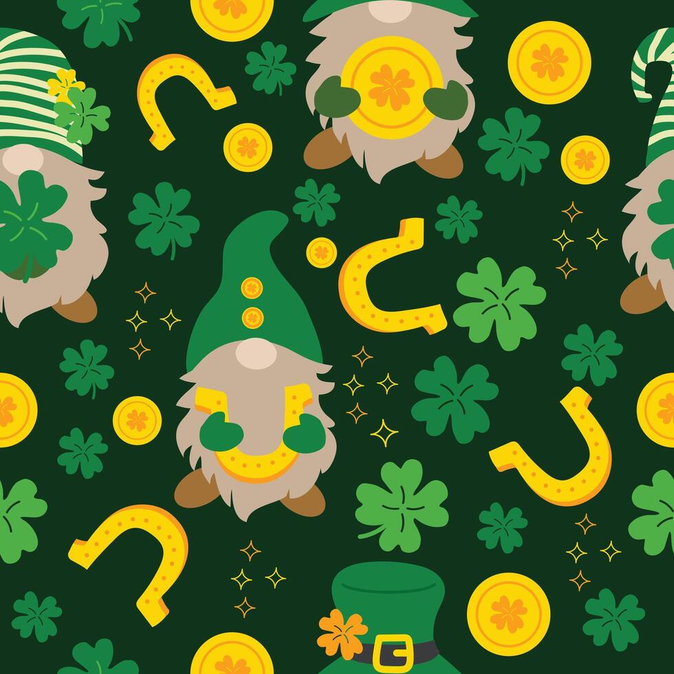 Clover leaf lucky Charms money with cute green gnomes hand drawn seamless pattern vector illustration