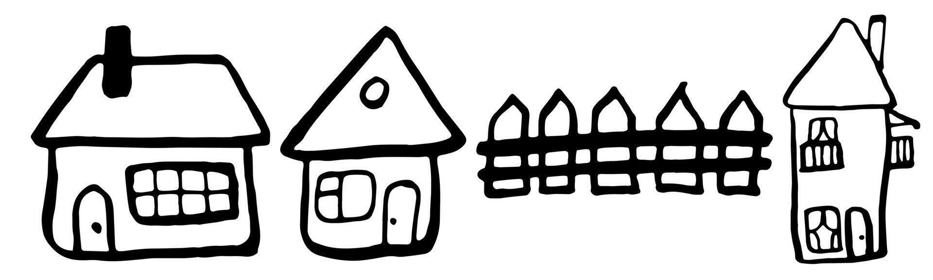 Set of house and fence in doodle style with black liner vector