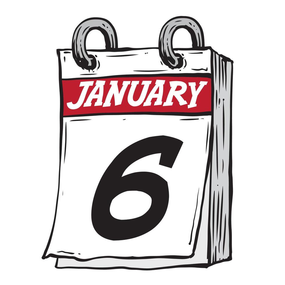 Simple hand drawn daily calendar for February line art vector illustration date 6, January 6th