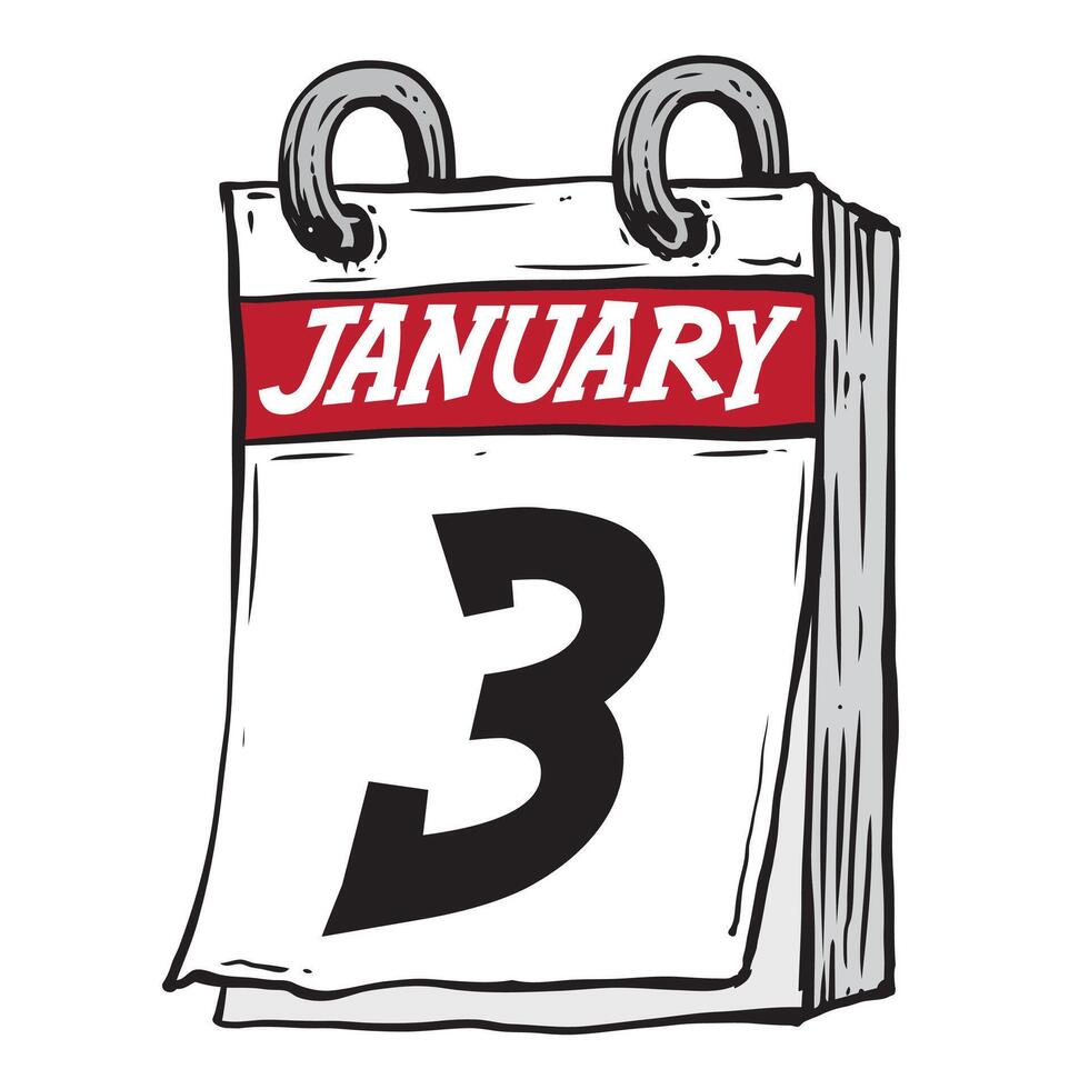 Simple hand drawn daily calendar for February line art vector illustration date 3, January 3rd