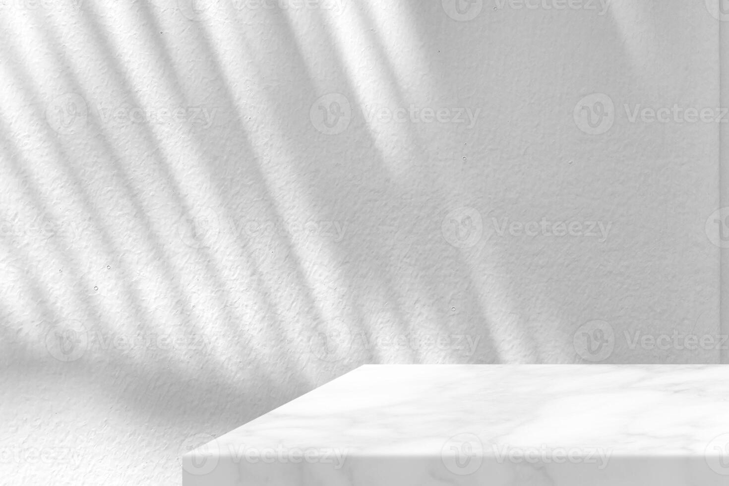Minimal White Marble Table Corner with Leaves Shadow on Stucco Wall Texture Background, Suitable for Product Presentation Backdrop, Display, and Mock up. photo