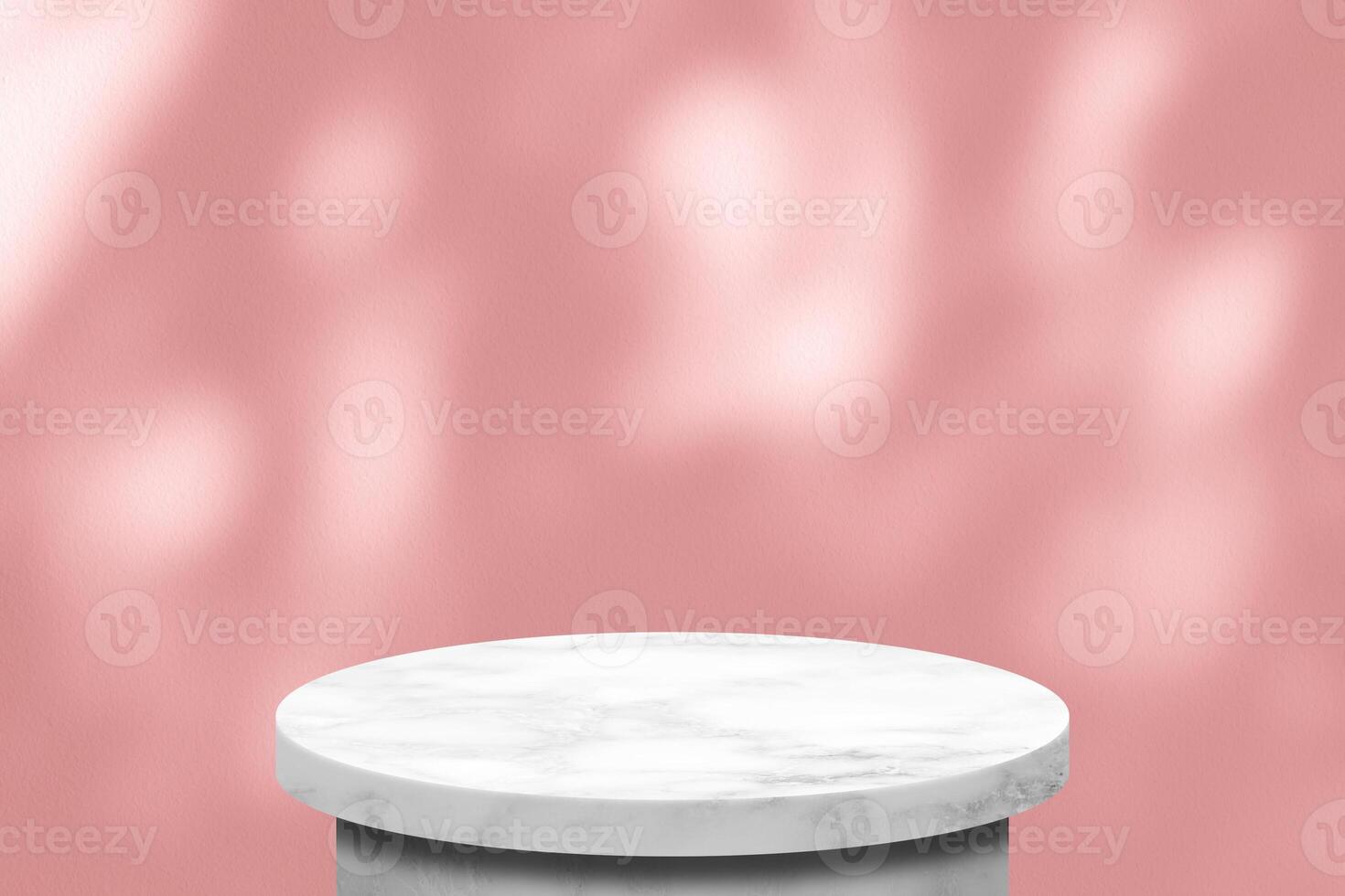 White Round Marble Table with Tree Shadow in the Garden on Pink Concrete Wall Texture Background, Suitable for Product Presentation Backdrop, Display, and Mock up. photo