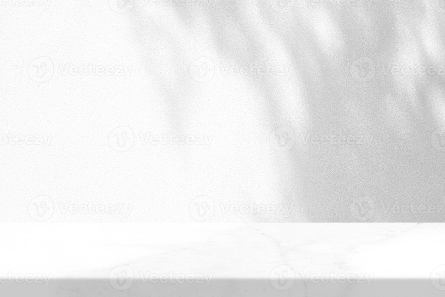 Marble Table with Leaves Shadow on Stucco Wall Texture Background, Suitable for Product Presentation Backdrop, Display, and Mock up. photo