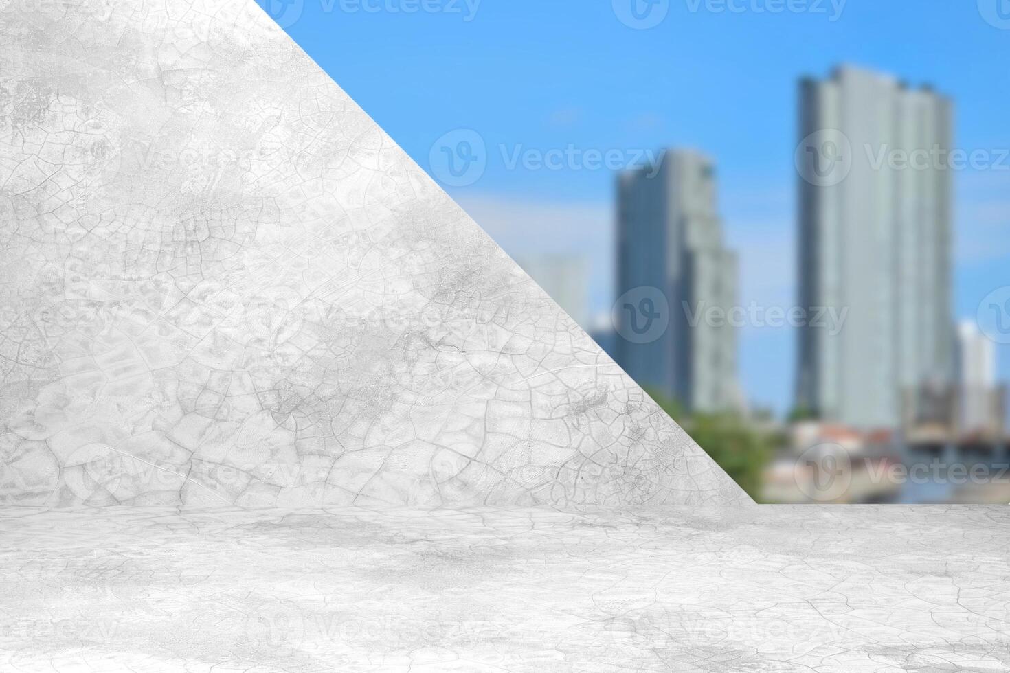 Concrete Loft Room and Blurred Building Background, Suitable for Product Presentation Backdrop, Display, and Mock up. photo