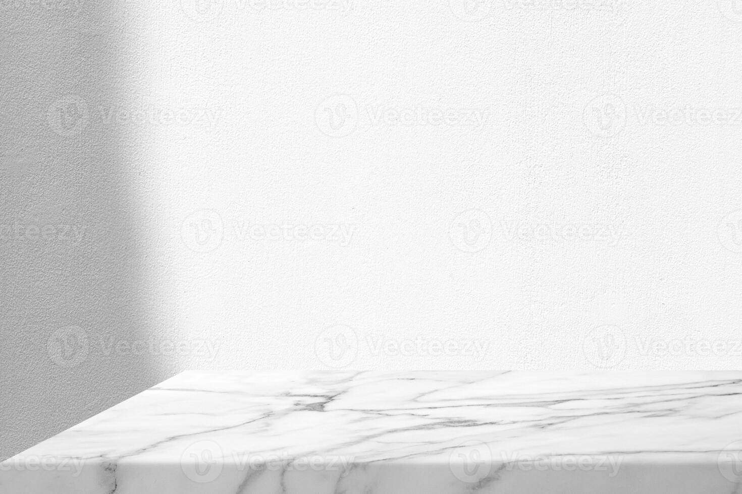 Minimal Marble Table with White Stucco Wall Texture Background with Light Beam and Shadow, Suitable for Product Presentation Backdrop, Display, and Mock up. photo