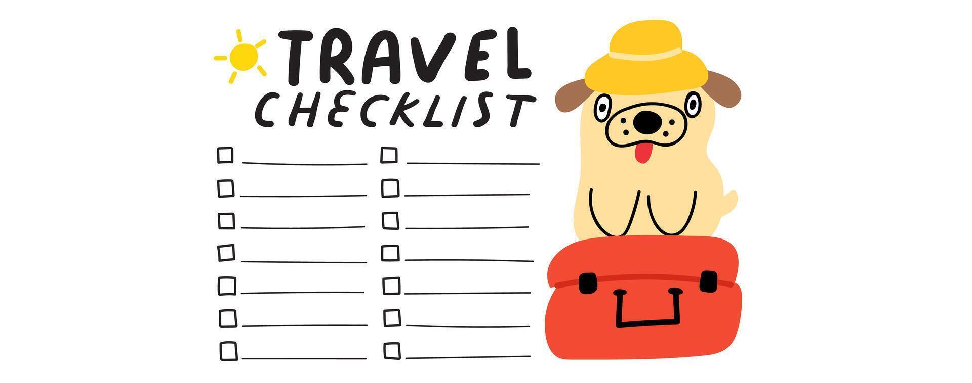 Travel checklist. Funny pug. Plan a vacation. Flat vector illustration on white background.