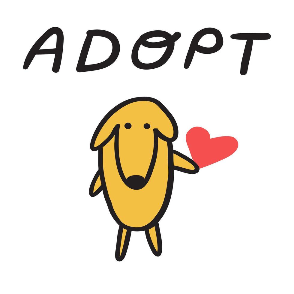 Adopt. Cute little dog hold red heart. Flat vector design. Hand drawn illustration on white background.