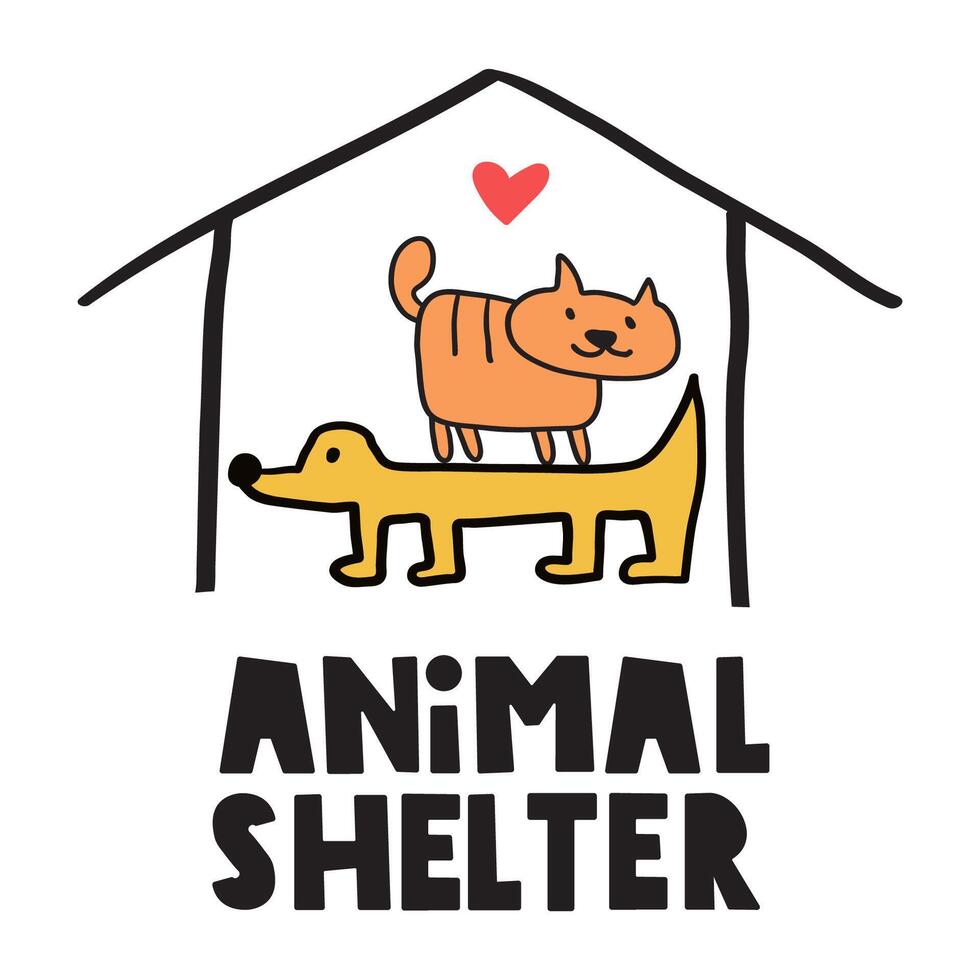 Animal shelter. Cute dog and cat. Flat vector graphic design. Hand drawn illustration on white background.