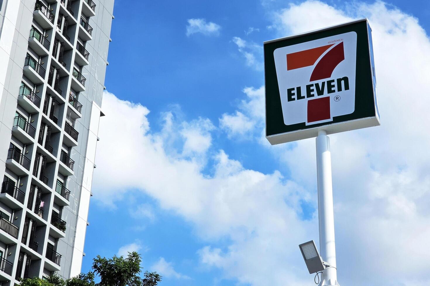 BANGKOK, THAILAND  OCTOBER 11, 2023 7-Eleven Sign. 7-Eleven is an American convenience store chain, was founded in 1927. photo