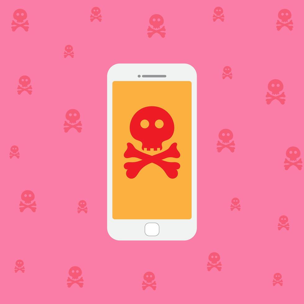 Malware notification on smartphone notice vector, flat mobile phone and skull bones bubble red alert, concept of spam data, fraud internet error message, insecure connection, online scam, virus. vector