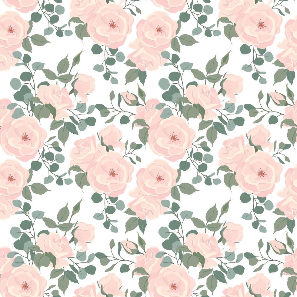 Seamless vector pattern with cream roses and leaves. Floral pattern for wallpaper or fabric, textile. Beige summer flowers and green foliage on a white background.