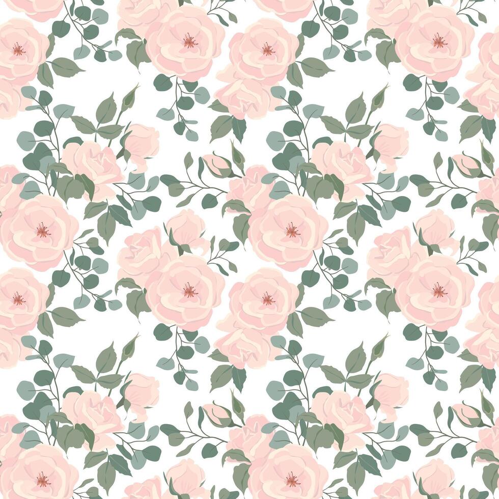 Seamless vector pattern with cream roses and leaves. Floral pattern for wallpaper or fabric, textile. Beige summer flowers and green foliage on a white background.