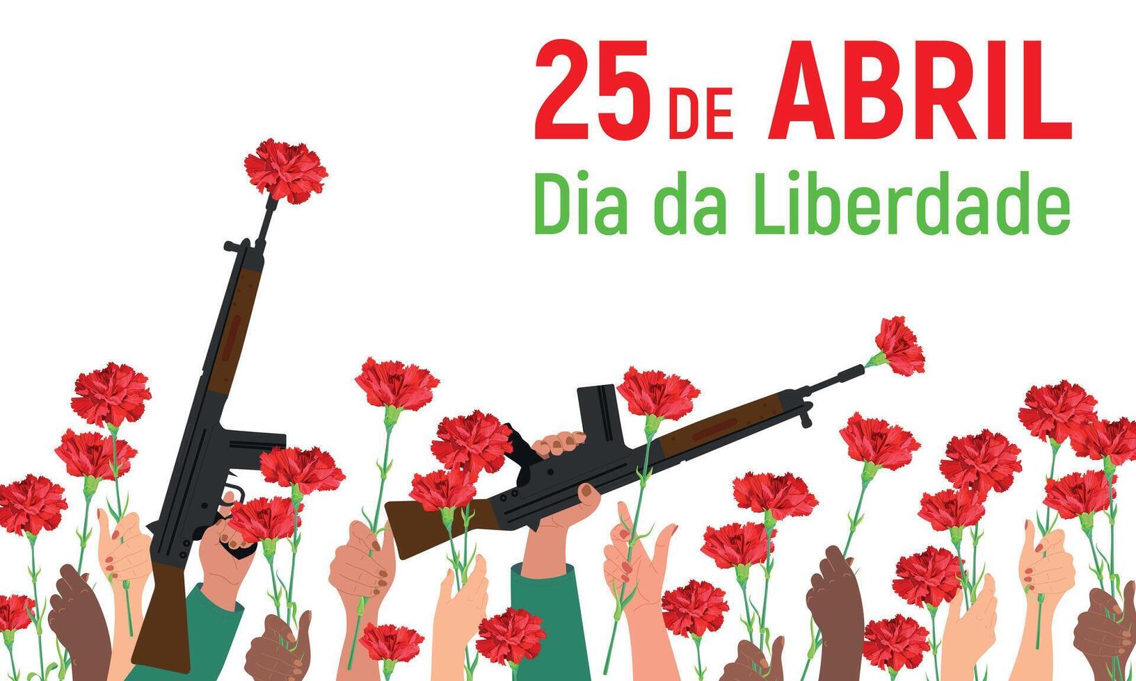 Festive composition for Portugal Freedom Day. A red carnation is inserted into the barrel of a rifle. Symbol of Victory and Revolution. Translation of the text. 25 April. Freedom Day vector