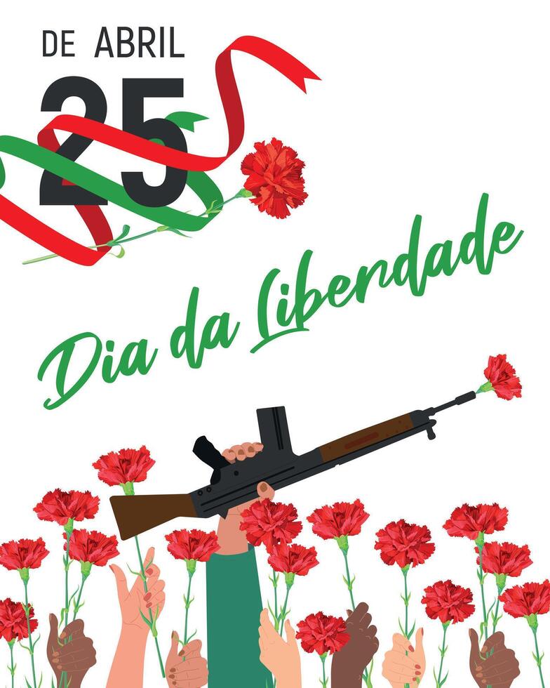 Portugal Freedom Day. Hands hold flowers, a red carnation is inserted into the barrel of a rifle. Symbol of victory and revolution. Translation of the text. 25 April. Freedom day. vector