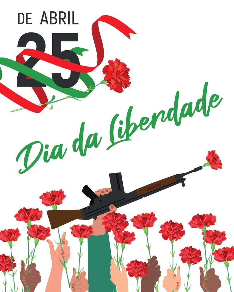 Portugal libertad día. manos sostener flores, un rojo clavel es insertado dentro el barril de un rifle. símbolo de victoria y revolución. Traducción de el texto. 25 abril. libertad día. vector