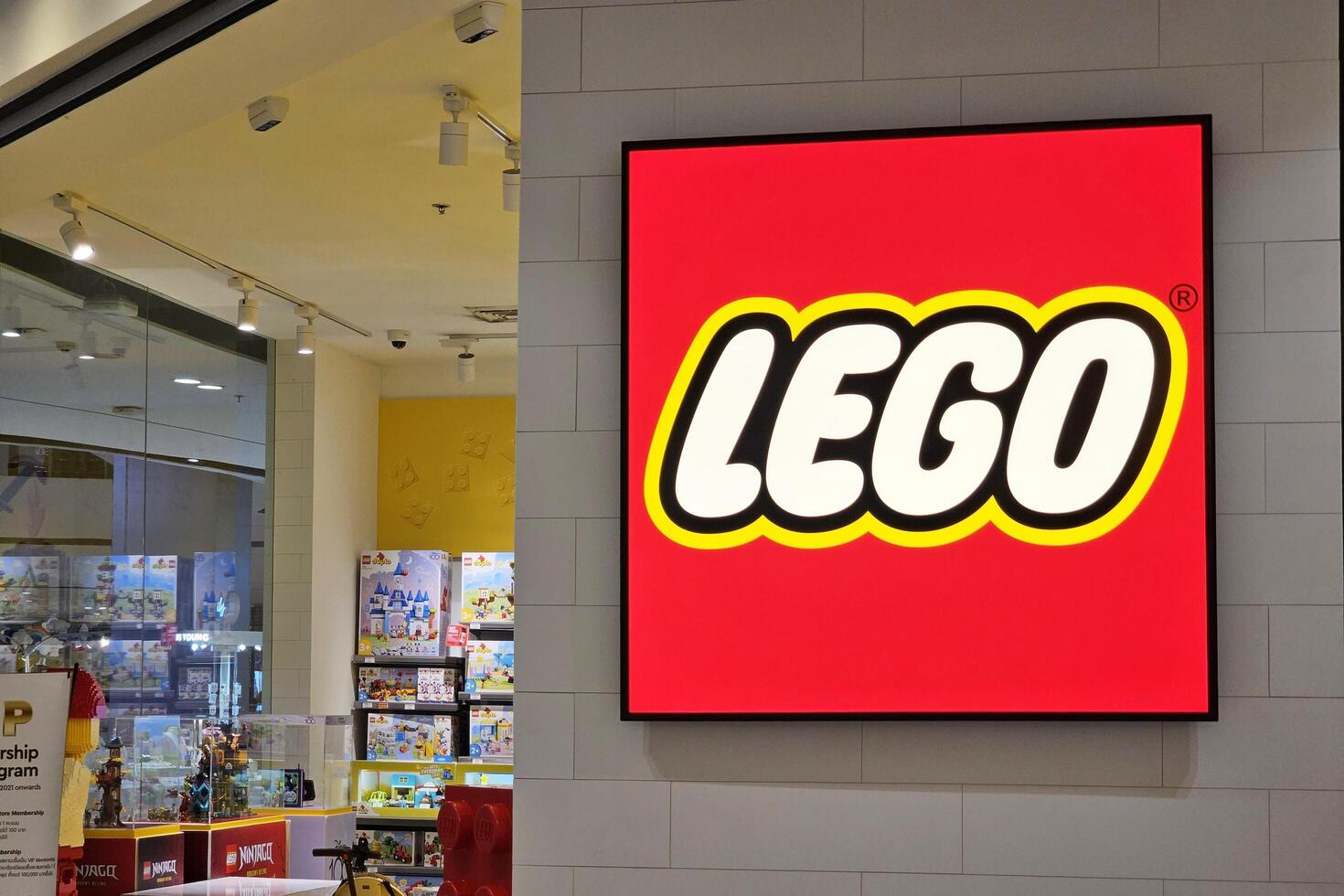 BANGKOK, THAILAND AUGUST 14, 2023 LEGO sign. LEGO is a Danish toy production company based in Billund, Denmark. photo