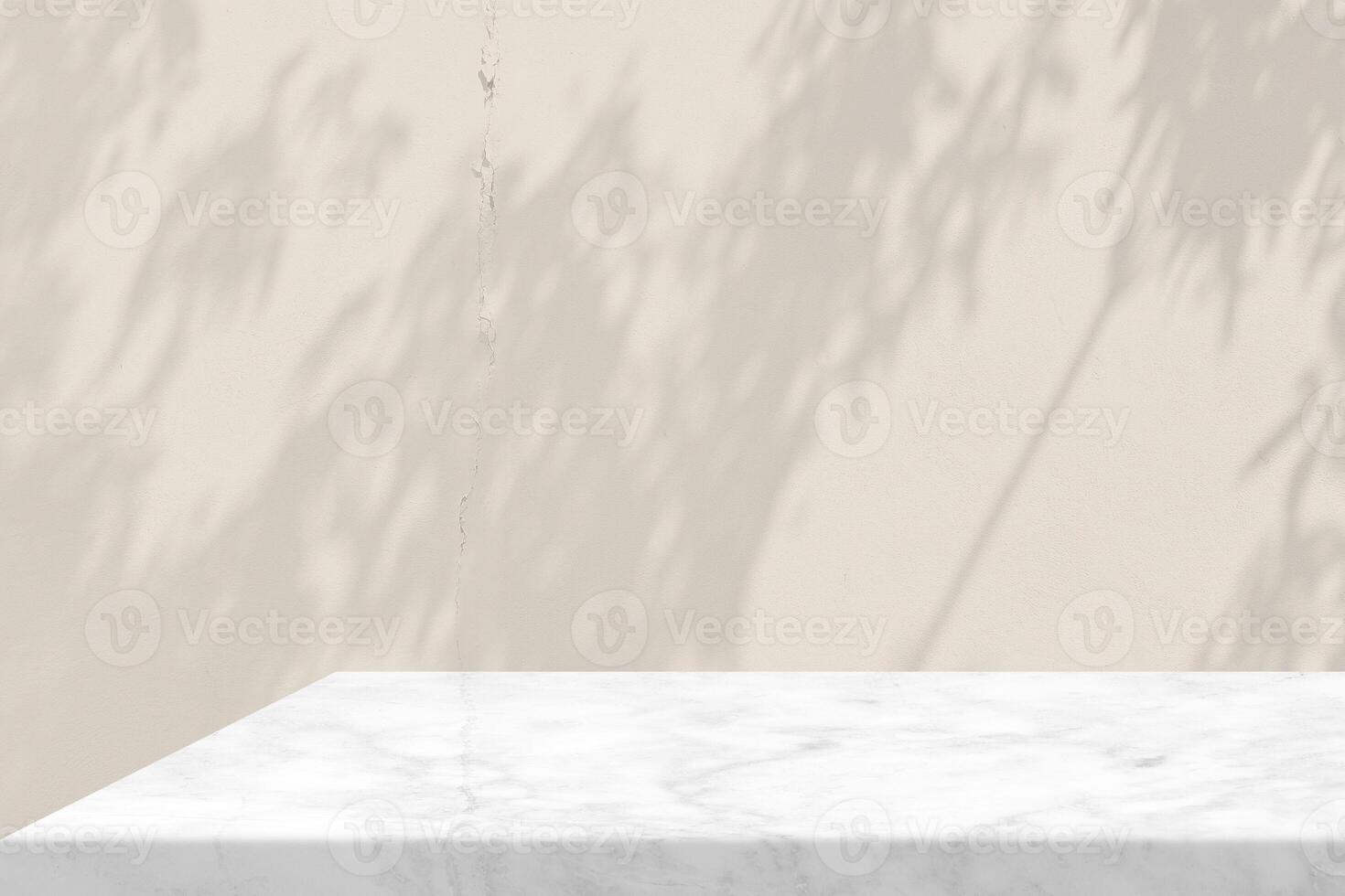 White Marble Table Corner with Tree Shadow and Bokeh on Broken Concrete Wall Background in Set Sail Champagne Color Tone, Suitable for Product Presentation Backdrop, Display, and Mock up. photo