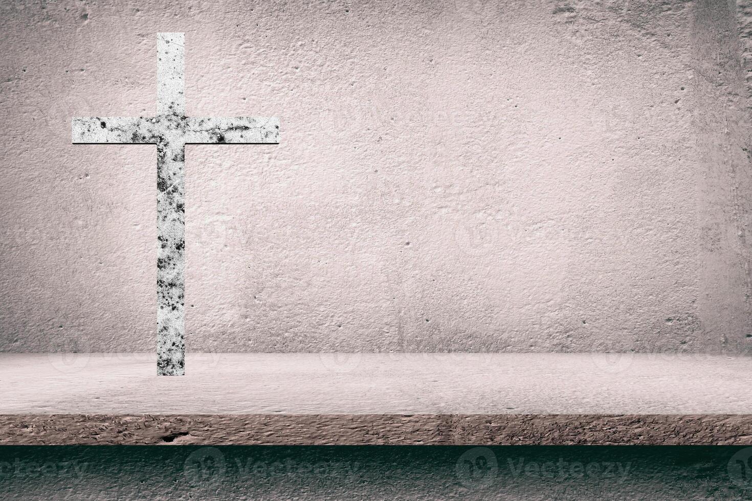 Christ Cross on Abstract Concrete Table with Old Ground Concrete Wall Texture Background, Suitable for Christian Religion Concept. photo