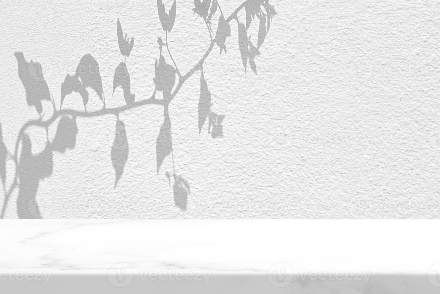 White Marble Table with Dried Leave Shadow on Concrete Wall Texture Background, Suitable for Product Presentation Backdrop, Display, and Mock up. photo