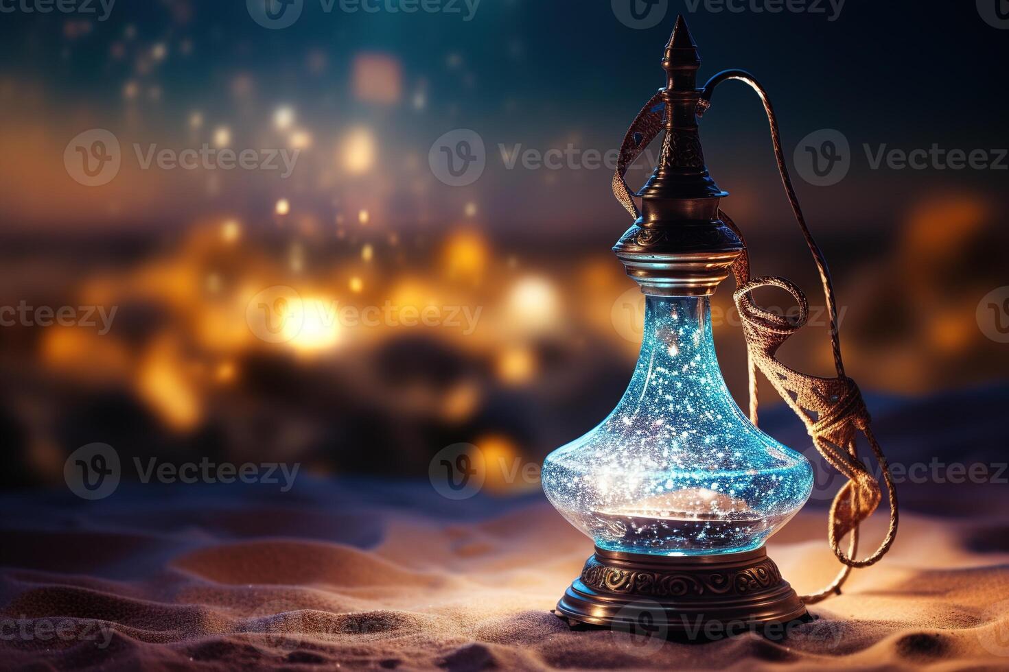 AI generated a glowing magic genie lamp stands on the sand in the desert on bokeh background photo