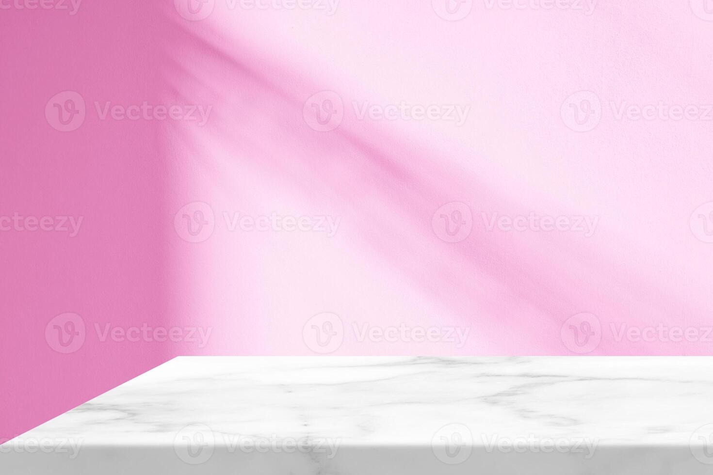 Minimal White Marble Table Corner with Shadow and Pink Light Beam on Concrete Wall Background, Suitable for Product Presentation Backdrop, Display, and Mock up. photo