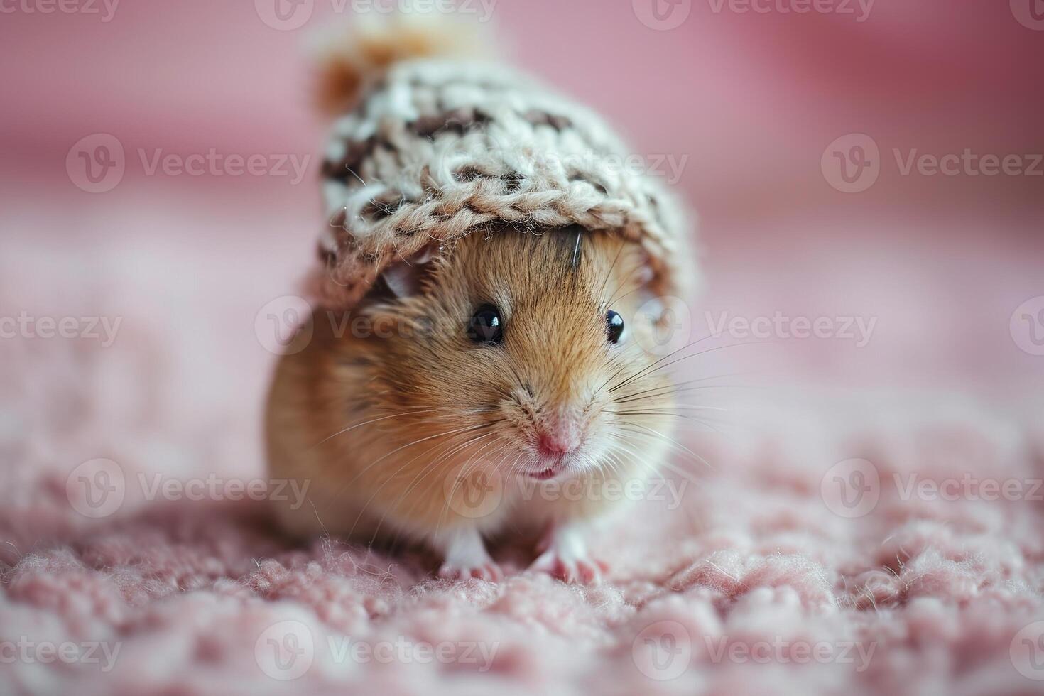 AI generated closeup cute fluffy domestic hamster in a warm knitted hat on a soft pink background photo