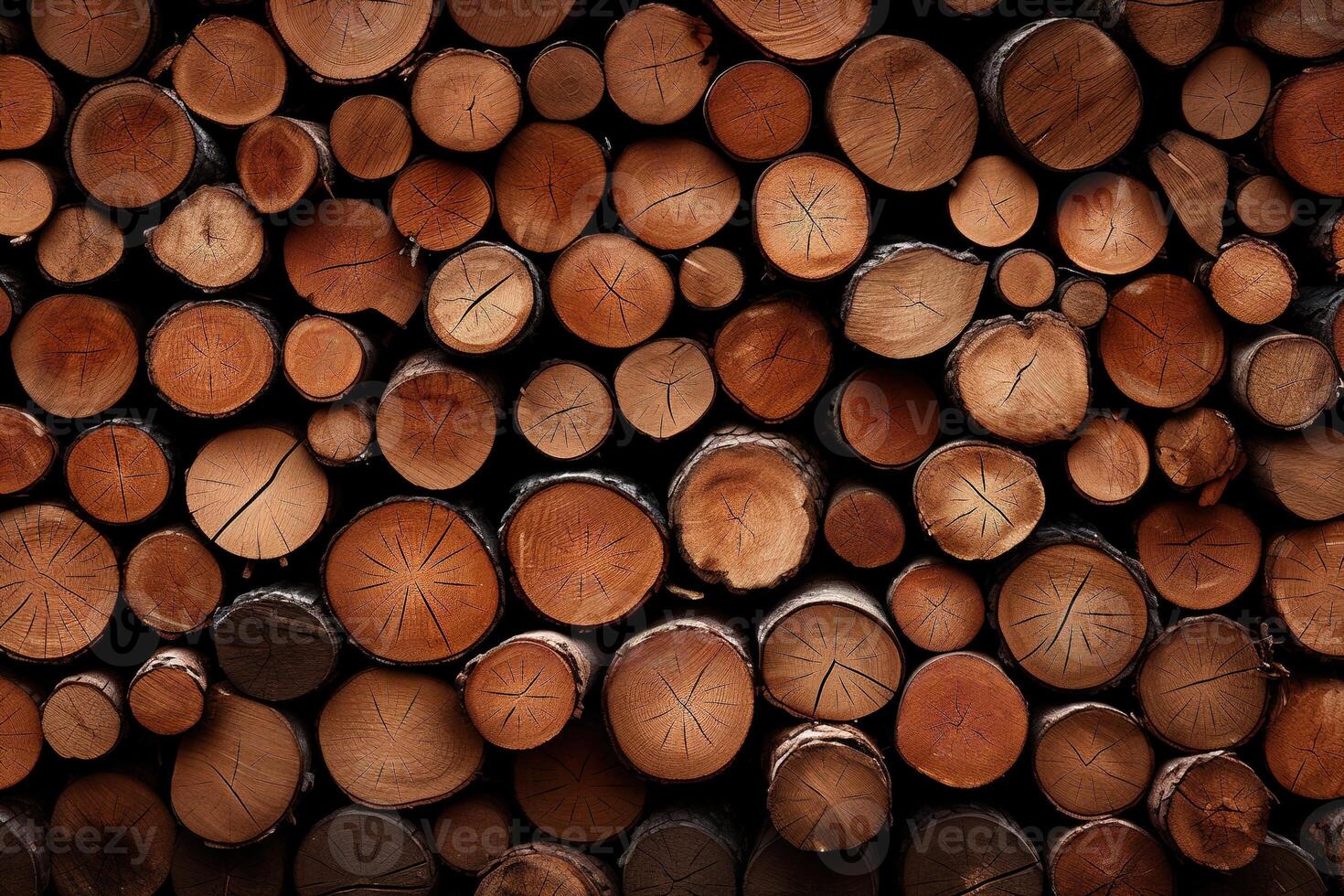 AI generated Background of pile stacked cut tree logs, natural wooden timber trunks texture photo